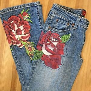 Levi 518  Hand Painted Roses Jeans Superflow Stretch 5 Juniors Wearable Art OOAK
